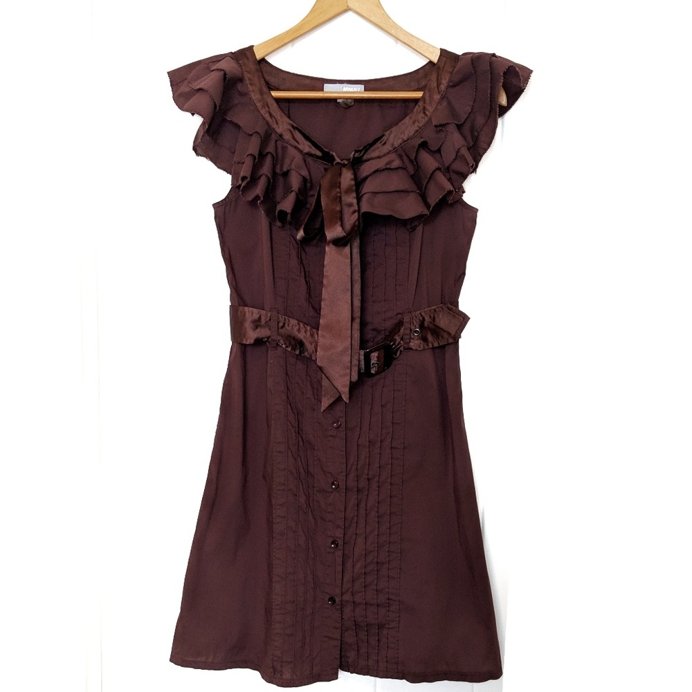 Minuet Brown Midi Dress Ruffled Collar & Belt S